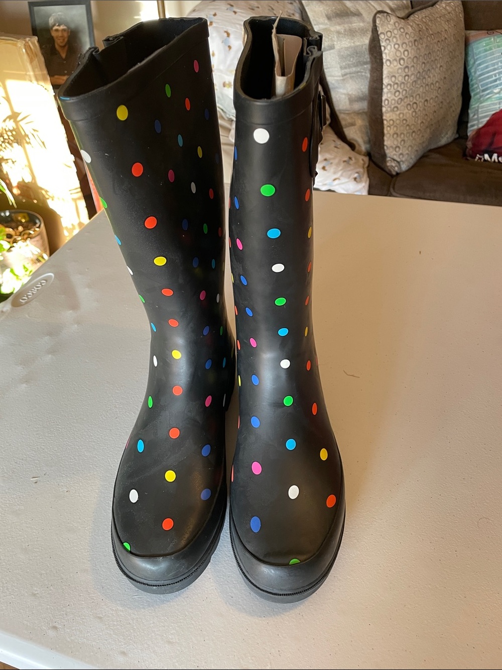 Black Polka Dot Women's Rain Boots - Colorful Dot Mid-Calf - Picture 2 of 8